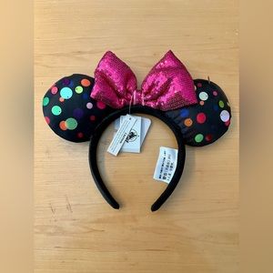 Brand New Disney Parks Black Polka Dot Ears Pink Sequin Bow Minnie Mouse Ears